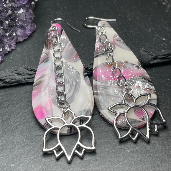 Elegant Pink, Gray and Silver Artisan Lotus Flower Dangle Earrings - Picture 8 of 12